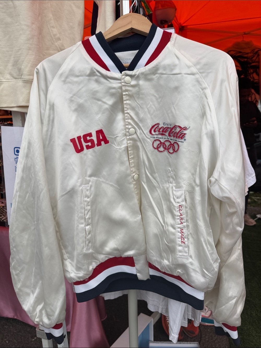 Coca Cola White USA Embroidered Satin Bomber Jacket with Red & Navy Trim